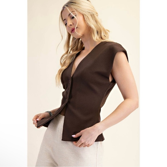 NWT Brown Structured V-Neck Button Vest Top | Minimalist Chic - Picture 2 of 5